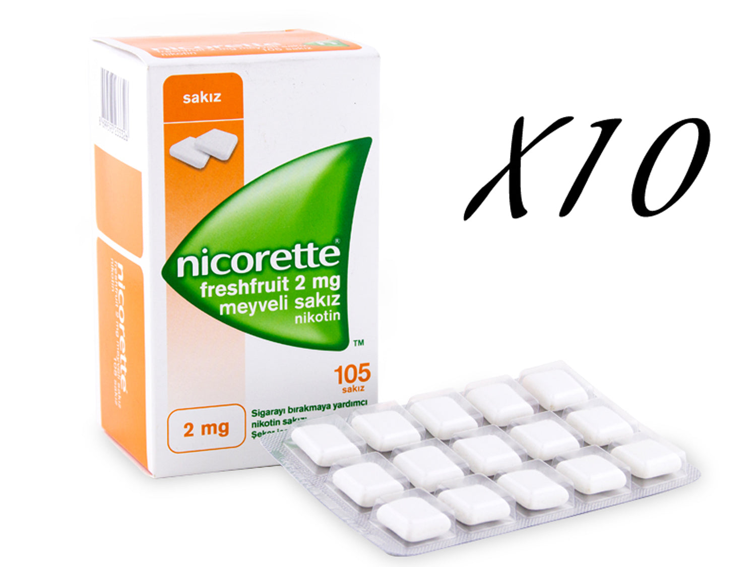 10 Box of Nicorette Nicotine Chewing Gum 2mg Fresh Fruit (1050 Gums Total)