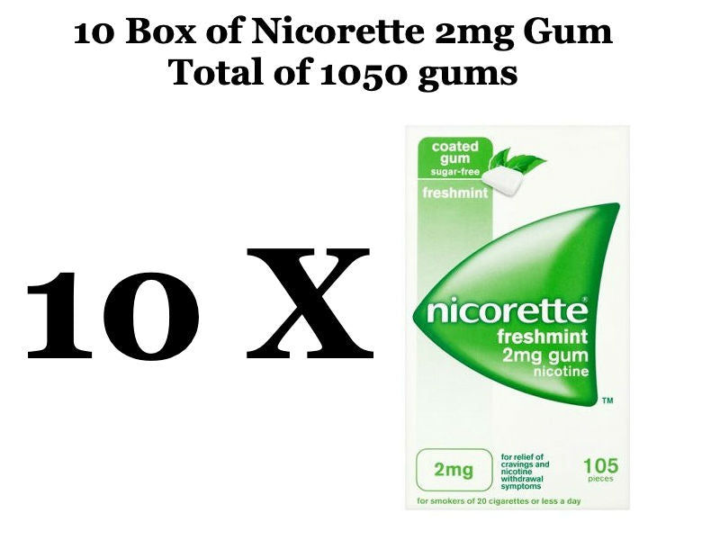10 Box of Nicorette Nicotine Chewing Gum 2mg Fresh Mint (1050 Gums Total)