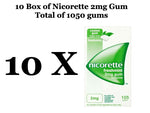 Load image into Gallery viewer, 10 Box of Nicorette Nicotine Chewing Gum 2mg Fresh Mint (1050 Gums Total)

